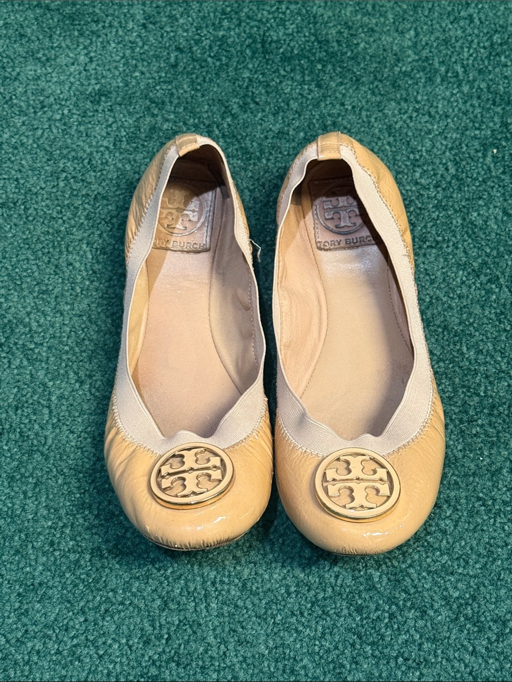 Tory Burch Light Beige Patent Leather Logo Ballet Flats